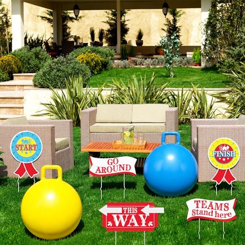 14 Pcs Outdoor Carnival Games 3 Hopper Bouncing Balls with Handle 5 Carnival Yard Sign with Stake 4 Hook-and-Loop 2 Arrow Hopper Relay Game for Field Day Backyard Lawn Birthday Family Party