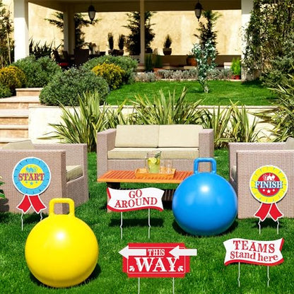 14 Pcs Outdoor Carnival Games 3 Hopper Bouncing Balls with Handle 5 Carnival Yard Sign with Stake 4 Hook-and-Loop 2 Arrow Hopper Relay Game for Field Day Backyard Lawn Birthday Family Party