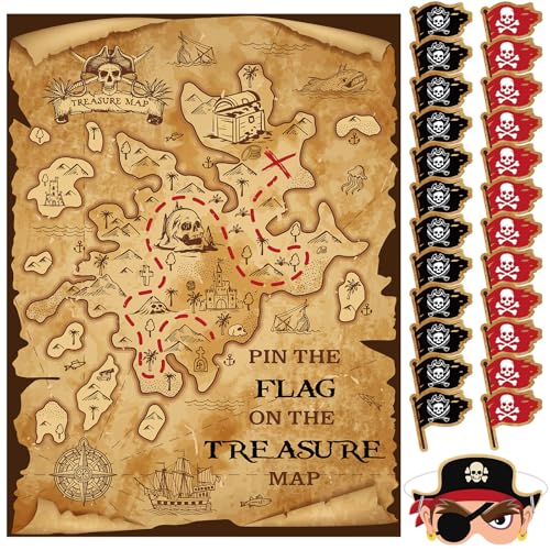 Faccito Pirate Treasure Map Party Games Pin The Flag on The Treasure Map Adventure Pin Game Set Include Poster 24 Flag Stickers Blindfold for Pirate Birthday Party Decorations Activities Supplies - style: Pirate Map
