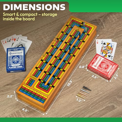 Cribbage Board Game Set with Storage – Wooden 4 Track Cribbage Board for 2–4 Players with Metal Pegs & Playing Cards – Classic Travel & Home Board Game
