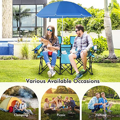 LUARANE Folding Double Camping Chair, Outdoor Picnic Chairs w/Removable Umbrella, Mini Table, Cup Holder & Carrying Bag, Portable Camping Loveseat for Patio, Pool, Lawn, Beach, Park (Turquoise) - color: Turquoise