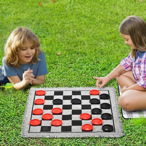 Giant Checkers Board Game Set,3 in 1 Jumbo Tic Tac Toe Game,Classic Checkers Board Game for Kids & Adults,Large Checkers Rug Game Mat,Indoor Outdoor Game for Family Camping Party