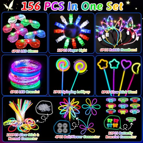 156Pcs Glow In The Dark Party Supplies for Kids/Adults, Light Up Accessories with Glasses, Headband, Bracelets, Necklaces, Wand, 100 Glow Sticks Bulk Party Pack, Neon Disco Birthday Party Decorations