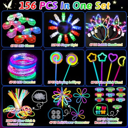 156Pcs Glow In The Dark Party Supplies for Kids/Adults, Light Up Accessories with Glasses, Headband, Bracelets, Necklaces, Wand, 100 Glow Sticks Bulk Party Pack, Neon Disco Birthday Party Decorations
