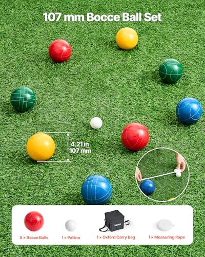 VEVOR Bocce Ball Set, 107 mm, with 8 Resin Balls, Pallino, Carrying Bag and Measuring Rope, Red/Green/Blue/Yellow 4 Colors, for 2 to 8 Players, Bocce Ball Game Set for Beach, Lawn, Family Backyard