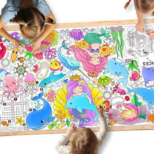 Gatherfun Mermaid Party Giant Coloring Poster - 31.5X 72 Inches - Versatile Classroom Wall Décor & Birthday Activity - Mermaid Poster or Table Cover for School Parties and Special Events - style: Mermaid