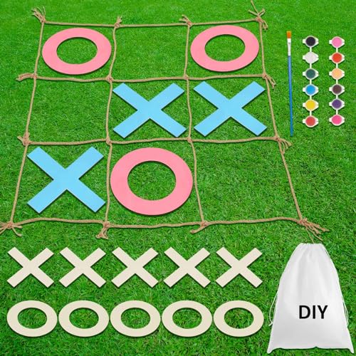 Giant 3ft Wooden Tic Tac Toe, Outdoor Garden Lawn Set with DIY Painting Colours & Brushes, for Spring Wedding, Bridal Shower, Hen Party, Birthday & Family Gatherings