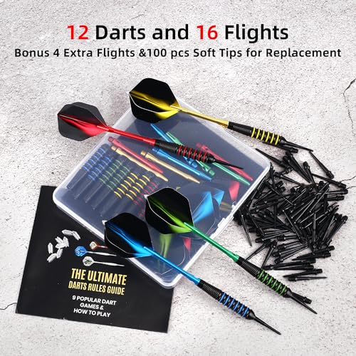 centaur 12 Pack Soft Tip Darts, Professional 18 Gram Plastic Tip Dart Sets with 4 Colors Premium Aluminum Shafts 100 Dart Tips 16 Dart Flights and Dart Case for Electronic Dart Board