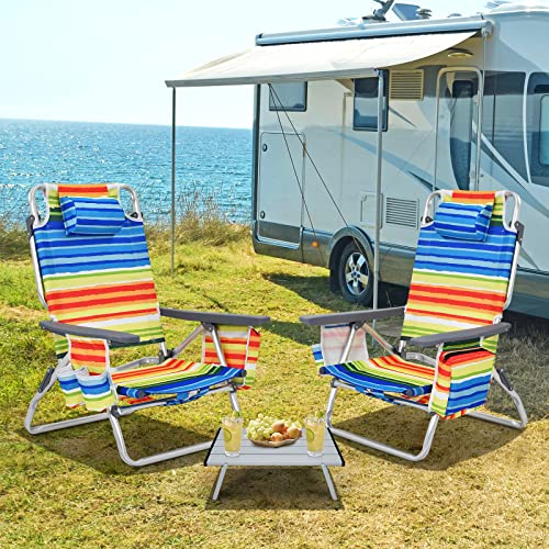 Tangkula Backpack Beach Chair with Table, 5-Position Lay Flat Beach Chairs with Cooler Bag, 2 Cup Holders, Towel Bar, Lightweight Low Folding Beach Chair with Backpack Straps - color: Yellow, style: 2 Pack with Table