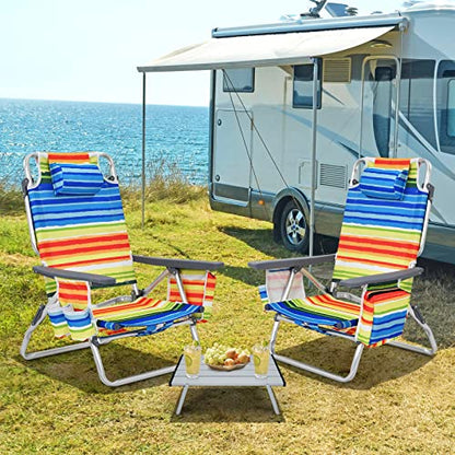 Tangkula Backpack Beach Chair with Table, 5-Position Lay Flat Beach Chairs with Cooler Bag, 2 Cup Holders, Towel Bar, Lightweight Low Folding Beach Chair with Backpack Straps - color: Yellow, style: 2 Pack with Table