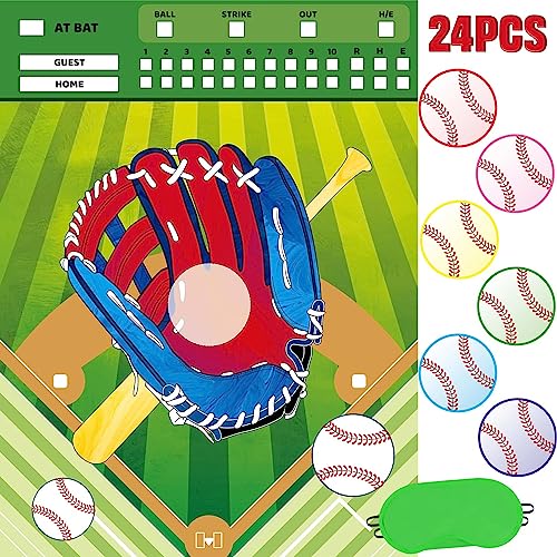 WERNNSAI Pin The Baseball on The Glove Game - Sport Birthday Party Decorations Baseball Party Games Poster with 24 Pcs Stickers for Kids Boys Family Birthday Carnival Supplies - style: Baseball