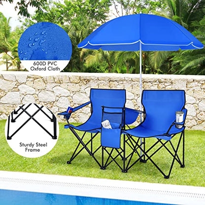 LDAILY LUARANE Folding Double Camping Chair, Outdoor Picnic Chairs w/Removable Umbrella, Mini Table, Cup Holder & Carrying Bag, Portable Camping Loveseat for Patio, Pool, Lawn, Beach, Park (Blue) - color: Blue
