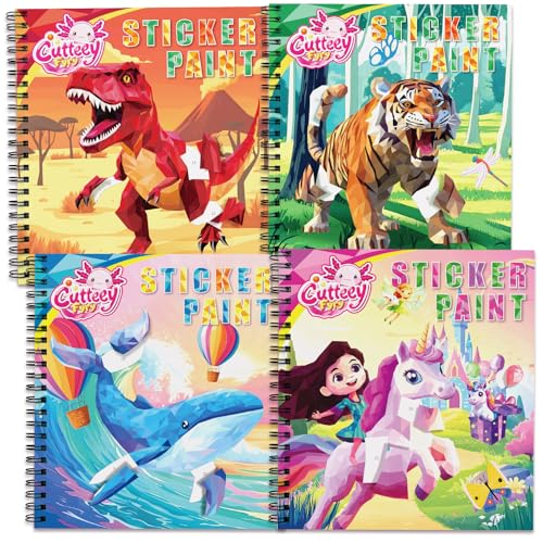 4PCS Paint by Number Sticker Book Travel Activities for Girls Boys Kids Ages 4-10 Road Trip & Airplane Quiet Time Toys, Birthday Present, Preschool Classroom Party Gifts - color: Dinosaurs,fierce Animals,sea Animals,unicorn