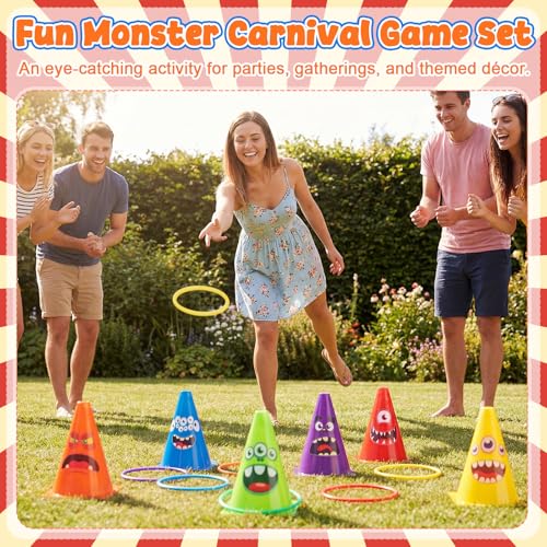 RoundFunny 12set 3 in 1 Monsters Ring Toss Game Set, Carnival Game Kit with Cones, Rings, Bean Bags & Storage Bag, Includes for DIY Toss Games, Birthday Party, Easter, Carnival - style: Monster