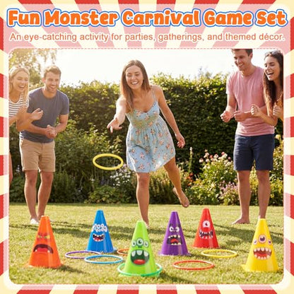 RoundFunny 12set 3 in 1 Monsters Ring Toss Game Set, Carnival Game Kit with Cones, Rings, Bean Bags & Storage Bag, Includes for DIY Toss Games, Birthday Party, Easter, Carnival - style: Monster