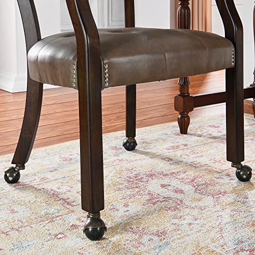 Set of 4 Dining Leather Chairs with Casters & Arms, Accent Captain Chair with Wheels, Roller Wood Wheeled Chairs for Kitchen & Game Poker Table,Espresso&Brown 1910BN(NO Table!) - color: Espresso&brown