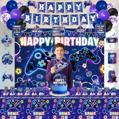 Video Game Birthday Decorations, Purple Blue Game Gaming Birthday Party Decor Decoration - Backdrop, Balloons, Cake Toppers, Tablecloth, Centerpieces, Hanging Swirls, Wall Signs