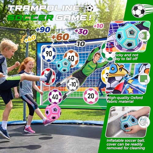 Trampoline Sticky Soccer Ball Game Accessories with 2 Inflatable Balls, Double Side Soccer Goal Target Attachment Fits 8 10 12 14 15 16 FT Trampoline, Indoor Outdoor Lawn Backyard Game