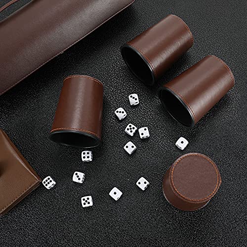 Leather Dice Cup Set, 5 Black Dice Cups + 25 Dices + Exclusive Storage and Transport Case Made of Faux Leather (Brown x2) - color: Brown X2