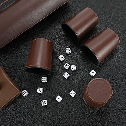 Leather Dice Cup Set, 5 Black Dice Cups + 25 Dices + Exclusive Storage and Transport Case Made of Faux Leather (Brown x2) - color: Brown X2