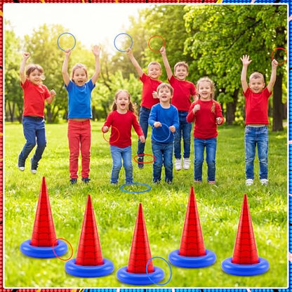 Thenshop 16 Pcs Spider Theme Inflatable Ring Toss Game Set Includes 5 Inflatable Cones 10 Plastic Rings and 1 Pump Spider Birthday Party Toss Game for Indoor Outdoor Lawn Yard Garden Party Supplies