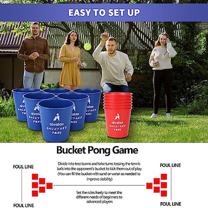 Aivalas Yard Pong Outdoor Games, Giant Yard Games Set with 12 Buckets and Balls for Adults and Family, Toss Game Throwing Games for Beach, Camping, Lawn and Backyard - color: Blue/Red