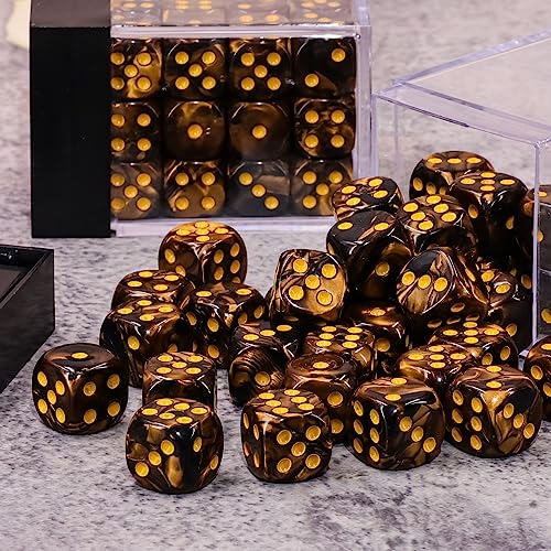 36 of Pack 12MM 6 Sided Dice Set,Two Colours D6 Game Dice Set, 6 Sided Standard Dices for Yahtzee, Bunco,with Portable Plastic Box(Golden+Black) - color: Golden Black Swirl