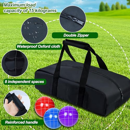 Upgraded Bocce Ball Carry Bag with 8 Compartments 17 * 9inch Heavy Duty Bocce Set Carry Bag Waterproof Oxford Cloth Portable Bocce Storage Organizer Case for Lawn Beach Yard Outdoor Game Set(Bag Only)