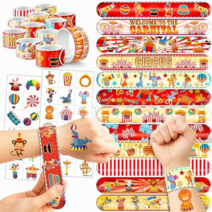 Cherisnowy 72PCS Carnival Party Set 48PCS Temporary Tattoos & 24PCS Slap Bracelets Fun Circus Themed Birthday Supplies, Baby Shower Gifts, Classroom Rewards & Party Decor for Kids Boys & Girls