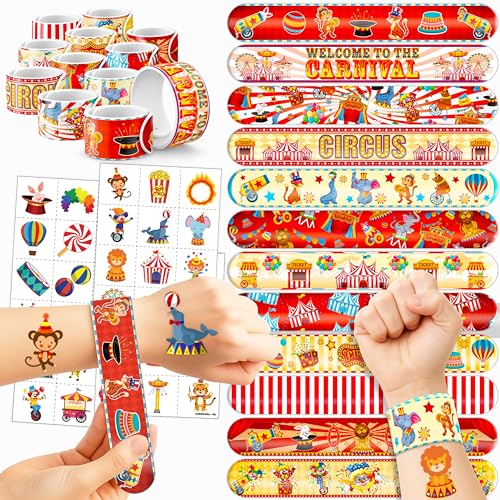 Cherisnowy 72PCS Carnival Party Set 48PCS Temporary Tattoos & 24PCS Slap Bracelets Fun Circus Themed Birthday Supplies, Baby Shower Gifts, Classroom Rewards & Party Decor for Kids Boys & Girls