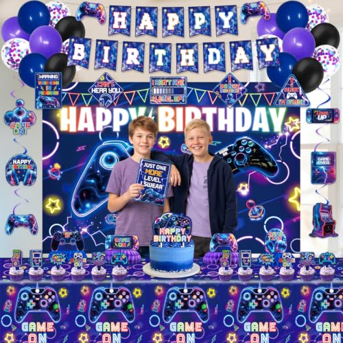 Video Game Birthday Decorations, Purple Blue Game Gaming Birthday Party Decor Decoration - Backdrop, Balloons, Cake Toppers, Tablecloth, Centerpieces, Hanging Swirls, Wall Signs