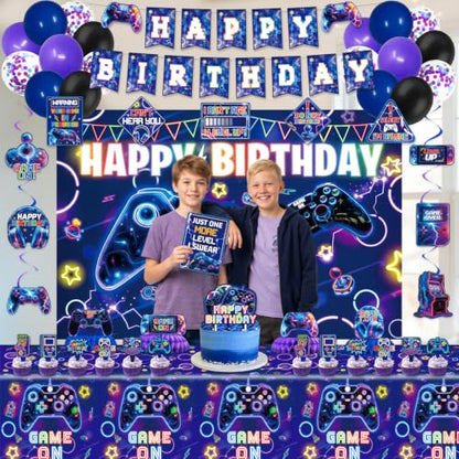 Video Game Birthday Decorations, Purple Blue Game Gaming Birthday Party Decor Decoration - Backdrop, Balloons, Cake Toppers, Tablecloth, Centerpieces, Hanging Swirls, Wall Signs