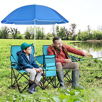 LUARANE Folding Double Camping Chair, Outdoor Picnic Chairs w/Removable Umbrella, Mini Table, Cup Holder & Carrying Bag, Portable Camping Loveseat for Patio, Pool, Lawn, Beach, Park (Turquoise) - color: Turquoise