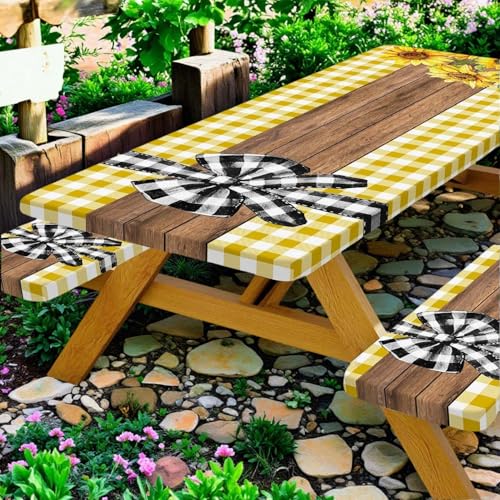 Picnic Table Cover with Bench Covers, Sunflower Buffalo Plaid Farmhouse Wood Waterproof Elastic Fitted Tablecloths Outdoor Camping Essentials, with Drawstring Bag, 60in, Yellow - color: Yellow, size: 30X60inch