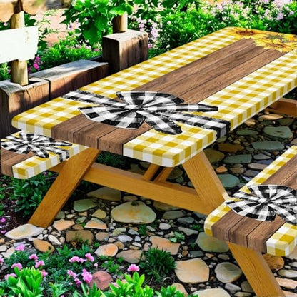 Picnic Table Cover with Bench Covers, Sunflower Buffalo Plaid Farmhouse Wood Waterproof Elastic Fitted Tablecloths Outdoor Camping Essentials, with Drawstring Bag, 60in, Yellow - color: Yellow, size: 30X60inch