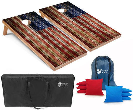 Tailgating Pros American Flag Wooden Plank Design Cornhole Board Set w/Bean Bags and Carrying Case - 4'x2' Corn Hole Toss Game - color: Red / Turquoise