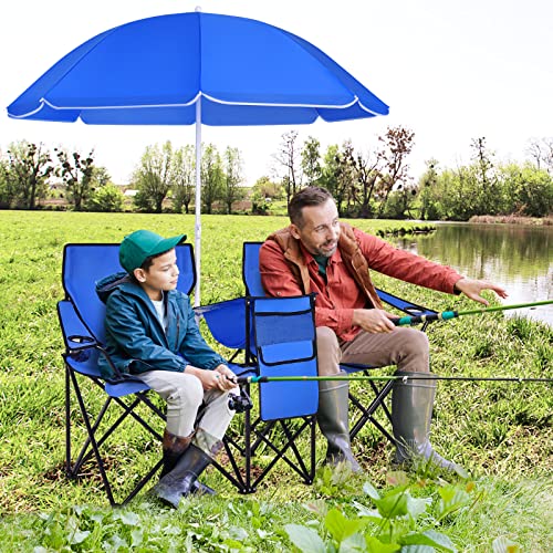 LDAILY LUARANE Folding Double Camping Chair, Outdoor Picnic Chairs w/Removable Umbrella, Mini Table, Cup Holder & Carrying Bag, Portable Camping Loveseat for Patio, Pool, Lawn, Beach, Park (Blue) - color: Blue