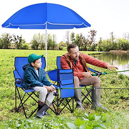 LDAILY LUARANE Folding Double Camping Chair, Outdoor Picnic Chairs w/Removable Umbrella, Mini Table, Cup Holder & Carrying Bag, Portable Camping Loveseat for Patio, Pool, Lawn, Beach, Park (Blue) - color: Blue