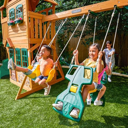 KidKraft Buffalo Crossing Wooden Outdoor Swing Set with Tube Slide | Two-Story Playhouse, Rock Wall, Glider, Faux Stone Facade, Planter Boxes