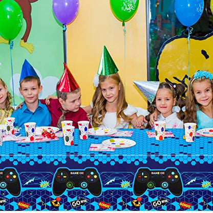 PHOGARY 3 Pack Video Game Tablecloth Blue Video Game Table Cover Geek Theme Birthday Party Decorations Supplies for Kids Player, 108 x 54 Inches