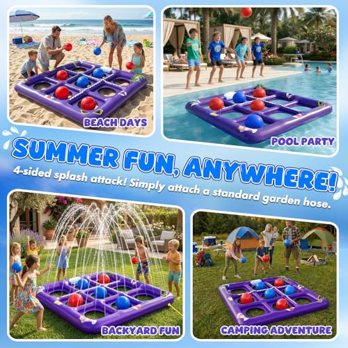 EPN Pool Games for Kids and Adults, 56” x 54” Inflatable Floating Tic Tac Toe Toss Game with 10 Balls, 2-in-1 Pool & Lawn Water Sprinkler Toy, Summer Pool Party Accessories for Backyard Fun, Purple