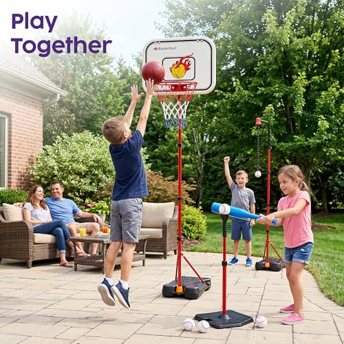 Kids Basketball Hoop Set with T Ball Stand, 4 in 1 Adjustable Kids Sports Toy Indoor Outdoor, Basketball Goal for Kids 2 to 8, Easy Setup, Durable Base, Gift Toy