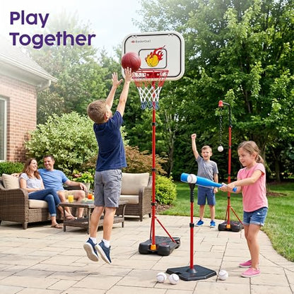 Kids Basketball Hoop Set with T Ball Stand, 4 in 1 Adjustable Kids Sports Toy Indoor Outdoor, Basketball Goal for Kids 2 to 8, Easy Setup, Durable Base, Gift Toy