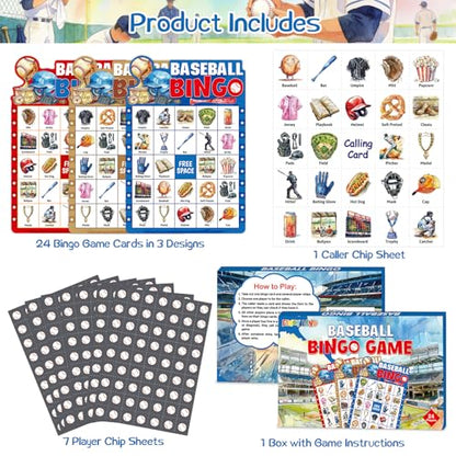 Fancy Land Baseball Bingo Game Baseball Party Bingo Cards Set for Kids Adults Sports Theme Birthday Family Activity Supplies 24 Players