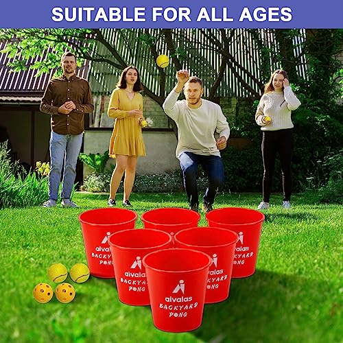 Aivalas Yard Pong Outdoor Games, Giant Yard Games Set with 12 Buckets and Balls for Adults and Family, Toss Game Throwing Games for Beach, Camping, Lawn and Backyard - color: Red