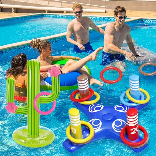 Max Fun Pool Toys Games Set, Inflatable Cross Ring Toss Games, Floating Pool Basketball Hoop, Inflatable Cactus Pool Floats for Kids Teens Adults Swimming Water Toys (3-Piece Set)