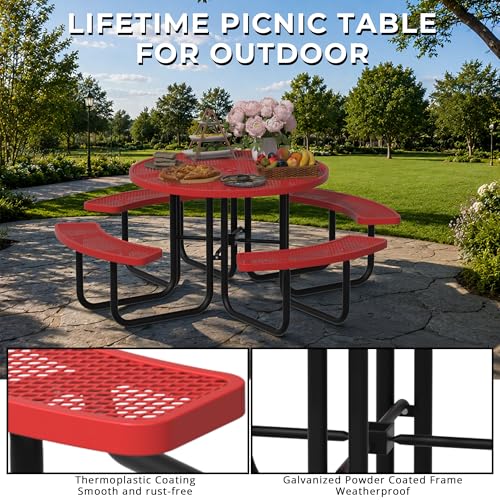 All-Weather Round Outdoor Picnic Table, Commercial Picnic Table Bench Set with Umbrella Hole, Thermoplastic Coated Metal Dining Tables for School, Stores, Park, Patio, Yard, Red - color: Red