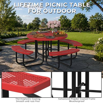 All-Weather Round Outdoor Picnic Table, Commercial Picnic Table Bench Set with Umbrella Hole, Thermoplastic Coated Metal Dining Tables for School, Stores, Park, Patio, Yard, Red - color: Red