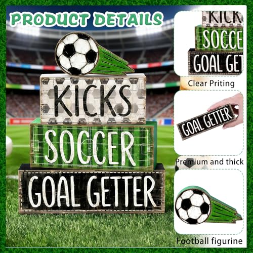 DIYDEC 4Pcs World Cup Tabletop Decorations Soccer Wooden Block Signs Gift RusticSoccer Goal Tiered Tray Decor World Cup Table Centerpiece for Home Office Tabletop Fireplace Party Decor - style: Soccer