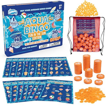 Pool Bingo Diving Game for Kids- Summer Party Fun Edition- Dive for & Call 30 Sinking Tropical Themed "Numbers", Fill Your Card- 150 Marker Chips 16 Double Sided Waterproof Play Cards, Toy Storage Bag - style: Fun In The Sun